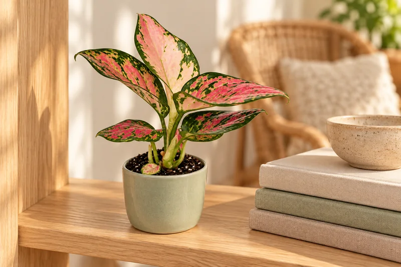 Kleine rosa-grün gezeichnete Aglaonema Lucky Red im salbeigrünen Übertopf auf einem hellen Bücherregal mit unbeschrifteten Büchern