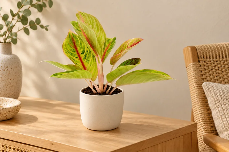 Junge Aglaonema Rose Parakeet mit hellgrünen rosa gezeichneten Blättern und hellrosa Stielen auf einer hellen Wohnkonsole