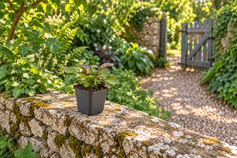 Junger Günsel Catlin's Giant mit breiten grün-bronzenen Blättern im kleinen Anzuchttopf an einem Gartenweg