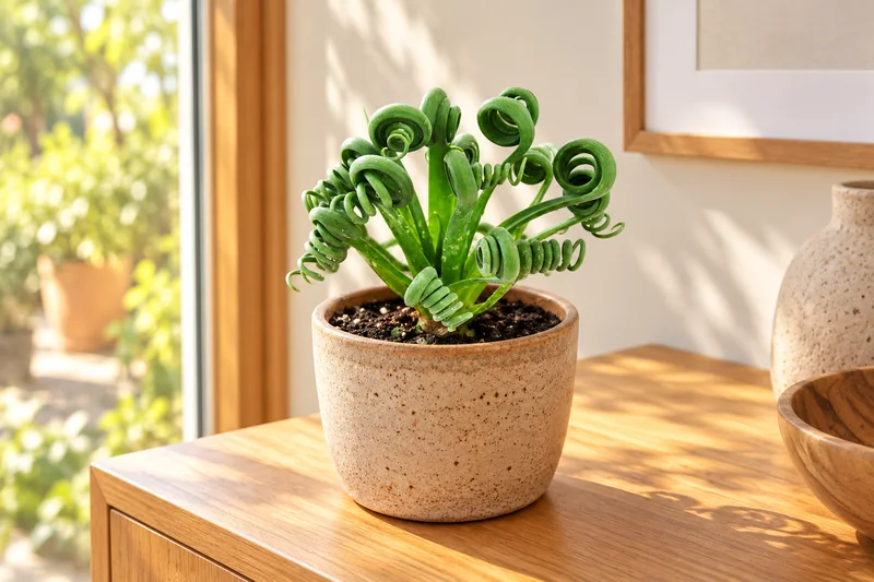 Kleine Albuca mit eng spiraligen grünen Blättern in einem sandfarbenen Übertopf auf einem hellen Sideboard