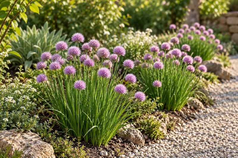 KI-gestaltetes Beispiel später blühender Allium carolinianum im sonnigen Gartenbeet