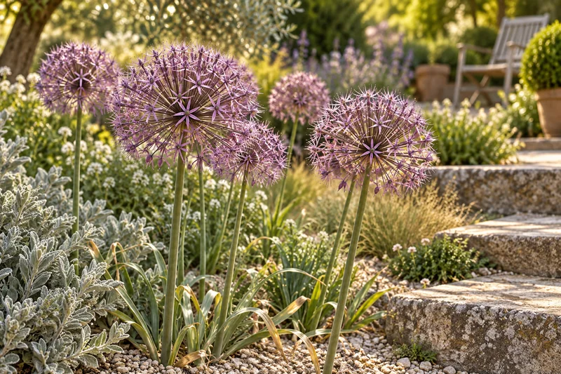 KI-gestaltete spätere Blüte von Allium cristophii am passenden Gartenplatz