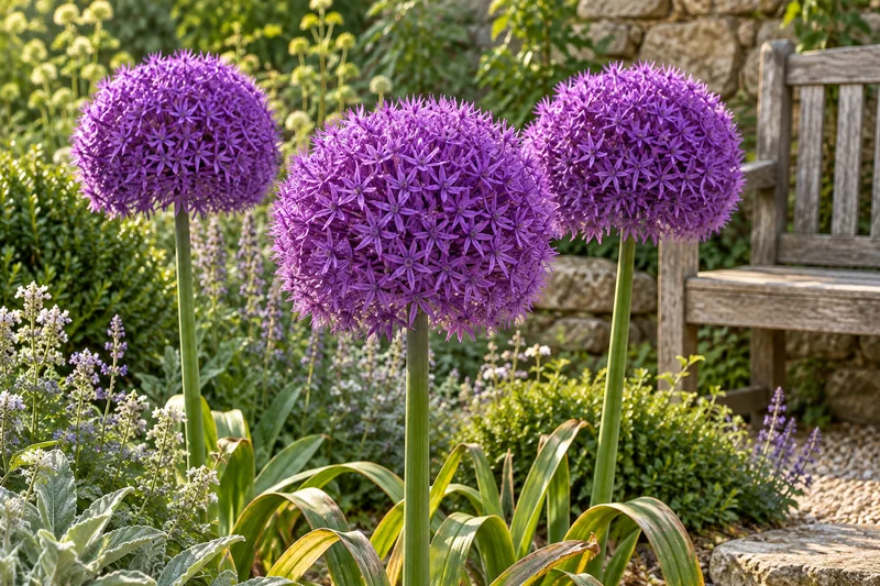 KI-gestaltete Gartenszene der späteren Blüte von Allium 'Globemaster'; geliefert werden Zwiebeln