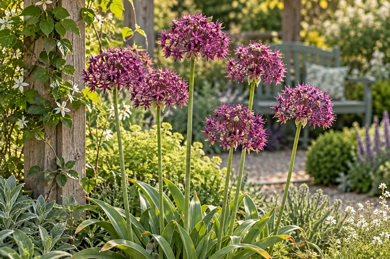 KI-gestaltete spätere Blüte von Allium 'Miami' am passenden Gartenplatz