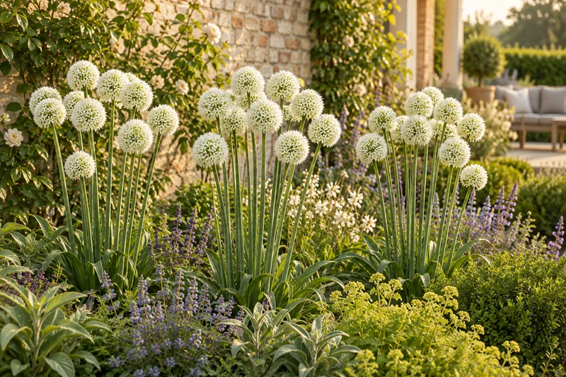 KI-gestaltete spätere Blüte von Allium stipitatum 'Mount Everest' am passenden Gartenplatz