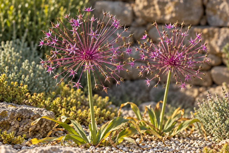 KI-gestaltete Gartenszene der späteren Blüte von Allium schubertii; geliefert werden Zwiebeln