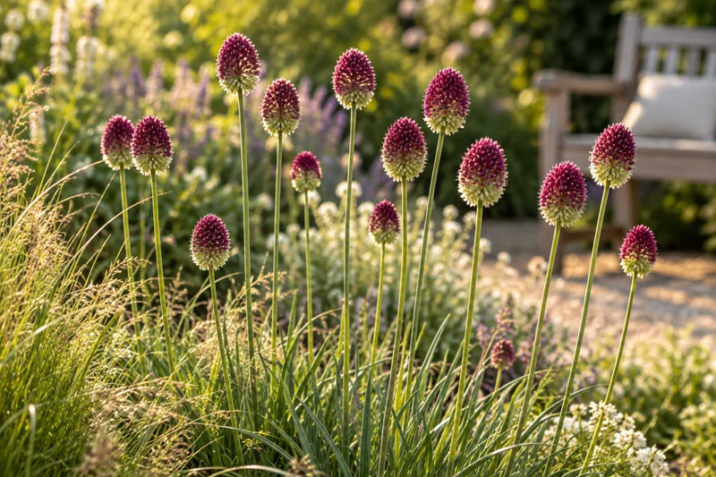 KI-gestaltete Gartenszene der späteren Blüte von Allium sphaerocephalon; geliefert werden Zwiebeln