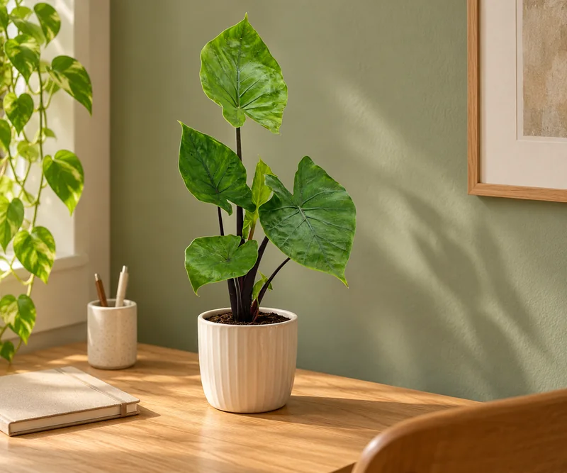 Junge Alocasia Black Cobra mit grünen pfeilförmigen Blättern und dunklen Stielen im cremefarbenen Übertopf an einem hellen Schreibtisch