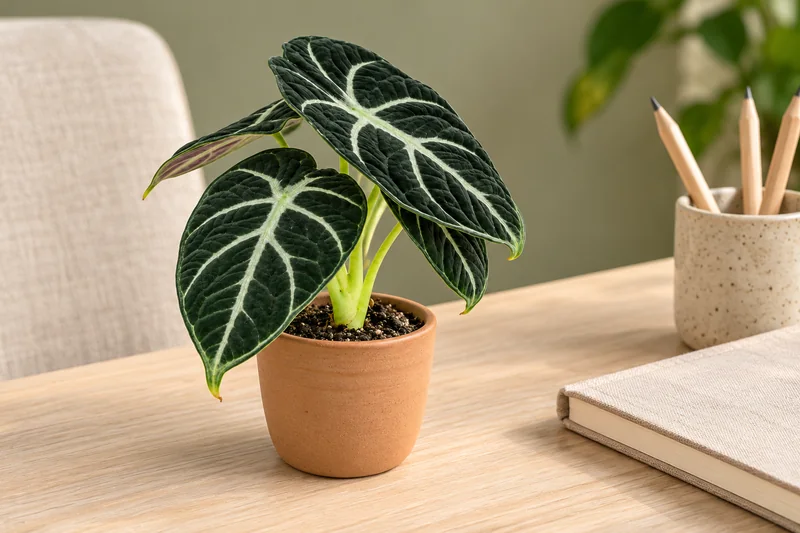 Junge Alocasia Black Velvet mit sehr dunklem Samtlaub und hellen Adern im kleinen Terrakotta-Übertopf auf einem hellen Schreibtisch