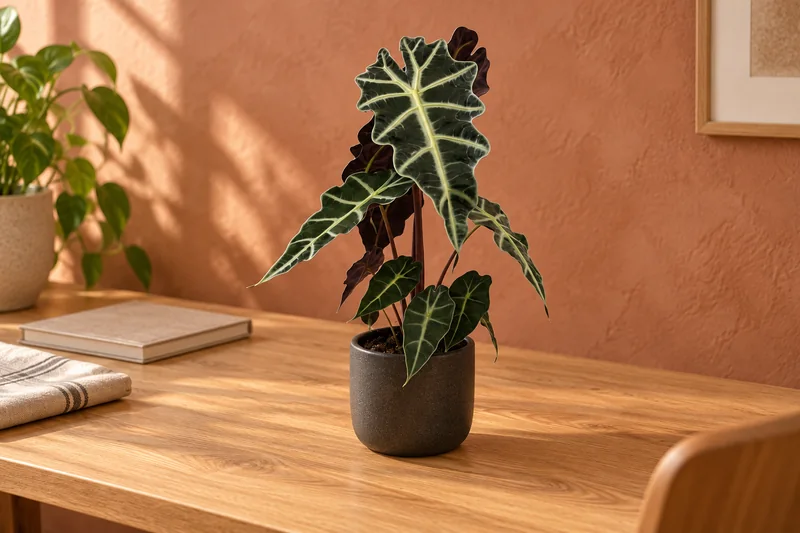 Alocasia sanderiana mit dunklen pfeilförmigen hell geaderten Blättern auf einem hellen Holzschreibtisch