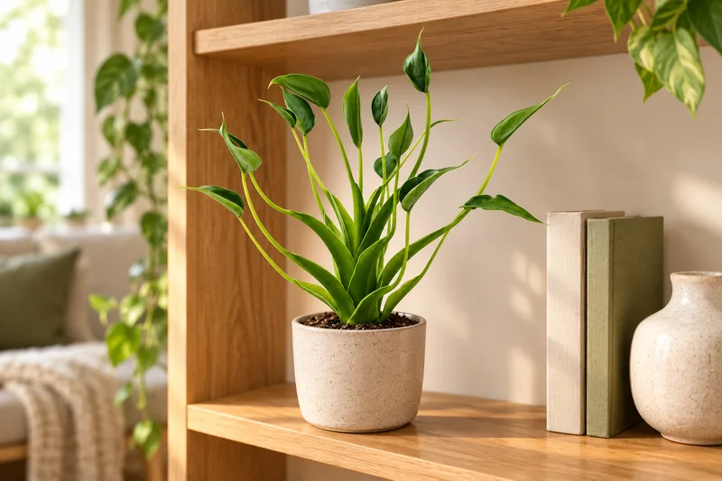 Junge Alocasia Tiny Dancer mit langen gebogenen Stielen und kleinen grünen Blättern auf einem hellen Holzregal