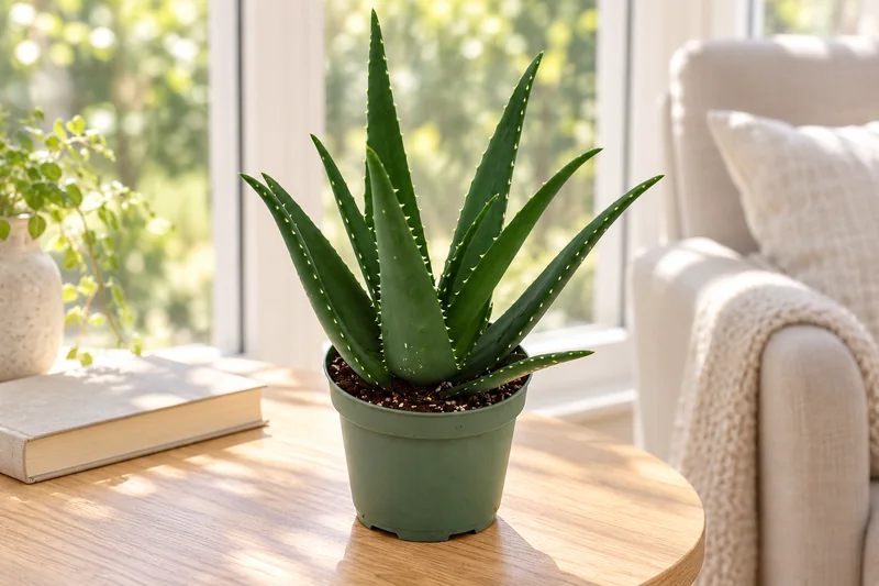 Aufrechte dunkle Aloe-Rosette mit kleinen hellen Randzähnen im grünen Kulturtopf neben heller Glasfläche und Lesesessel