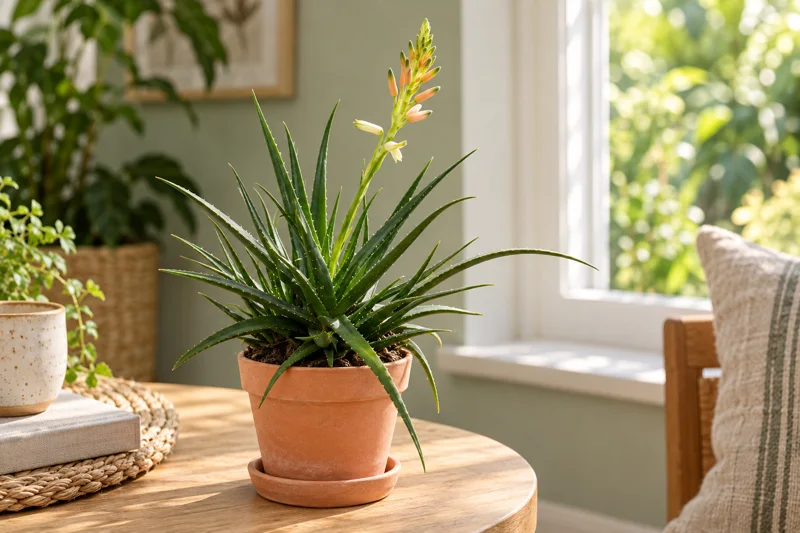Kompakte Aloe Safari Sunrise im Terrakottatopf am hellen Fenster mit schlankem orange-cremefarbenem Blütenstand