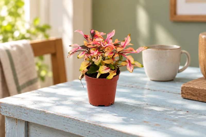Kleines gelb-rosa-grünes Alternanthera-Papageienblatt im rotbraunen 5,5-cm-Kulturtopf auf einem hellblauen Pflanztisch im hellen Zimmer; KI-Szene