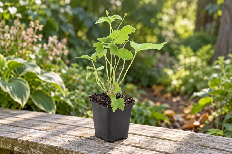 Junge grün belaubte Herbst-Anemone mit langen schlanken Blattstielen im kleinen schwarzen quadratischen Topf auf einer Gartenbank; KI-gestaltete Szene