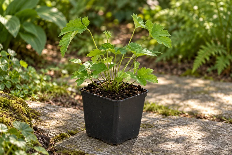 Herbstanemone Robustissima als einzelne junge Topfpflanze am Gartenplatz; KI-Szene