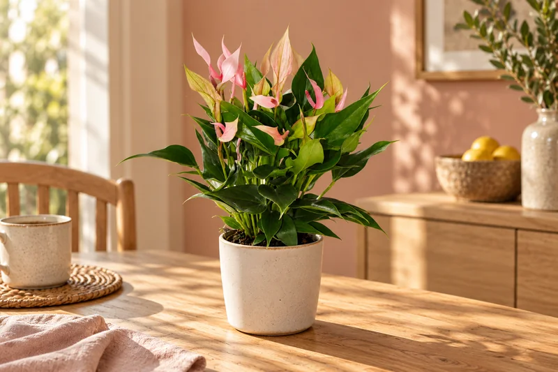 KI-gestaltete Wohnszene mit Anthurium 'Lilli' nach der zugehörigen Original-Shopaufnahme