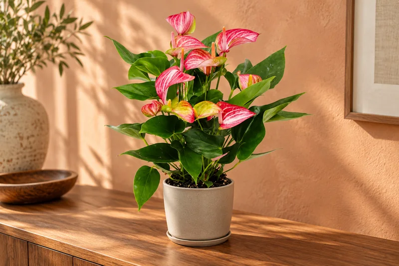 KI-gestaltete Wohnszene mit Anthurium 'Livium' nach der zugehörigen Original-Shopaufnahme