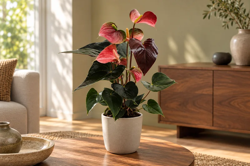 KI-gestaltete Wohnszene mit Anthurium-Andraeanum-Hybride 'Rainbow Champion' nach der zugehörigen Original-Shopaufnahme