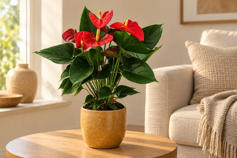 Anthurium Sierra Red in einer hellen warmen KI-Wohnszene