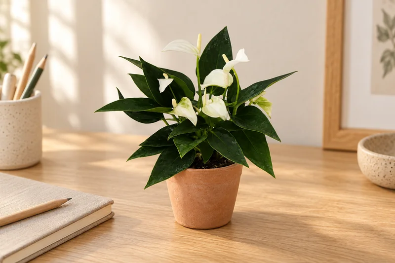 Kleine Anthurium White Champion mit weißen und zart grünlichen Hochblättern in einer KI-gestalteten hellen Schreibtischszene