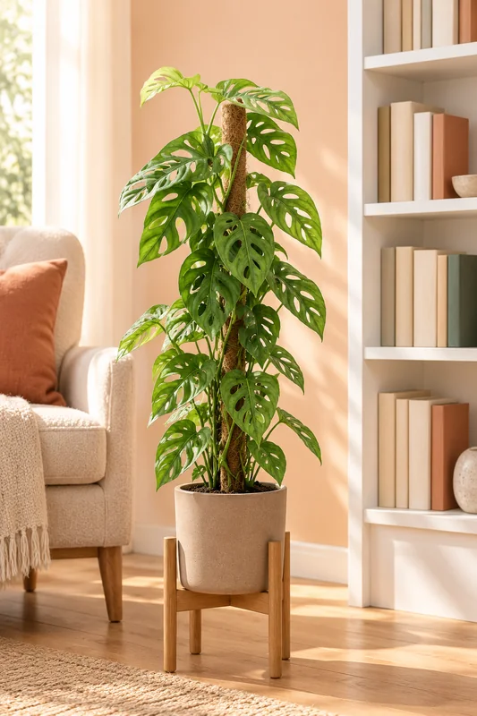 Eine junge Monstera mit oval gelochten Blättern am Moosstab auf einem hellen Pflanzensockel neben einem offenen Bücherregal, KI-Szene