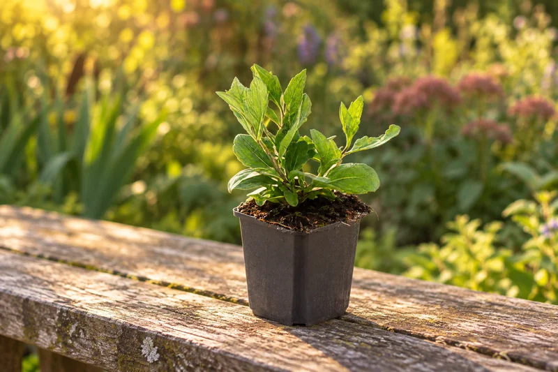 Herbstaster Asran als einzelne junge Topfpflanze am Gartenplatz; KI-Szene