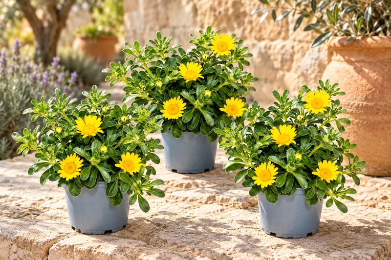 KI-gestaltete Gartenszene mit Asteriscus maritimus · botanisch Pallenis maritima in den Proportionen der jungen Sortimentspflanzen