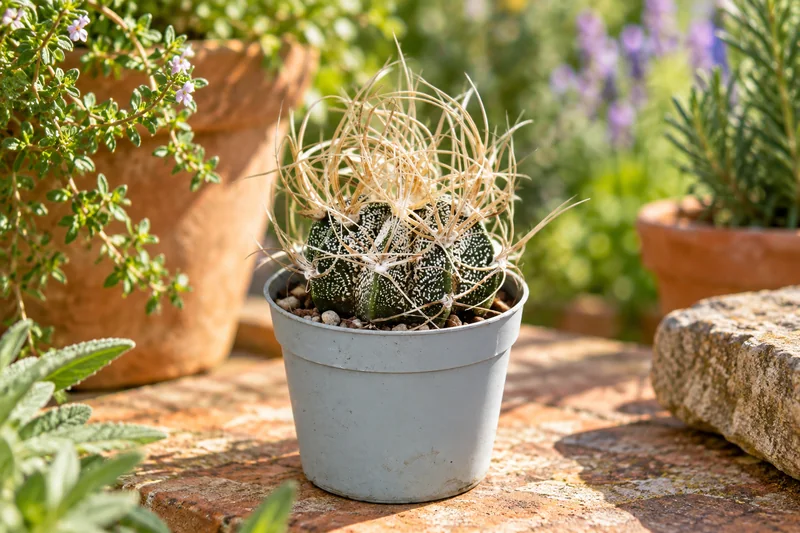 Kleine dunkelgrüne Ziegenhorn-Bischofsmütze mit weißen Sprenkeln und langen gebogenen hellen Dornen auf einer sonnigen Gartenterrasse