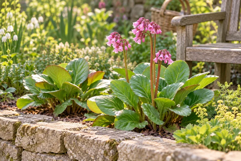 Später eingewachsene Bergenien mit rosa Glockenblüten und breiten grünen Blättern an einer niedrigen Gartenmauer