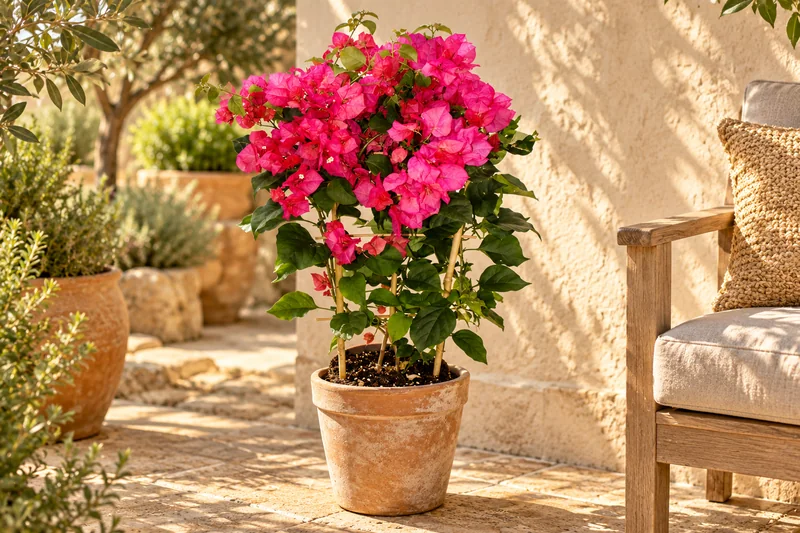 KI-gestaltete Gartenszene mit Bougainvillea 'Barbara Karst' in den Proportionen der jungen Sortimentspflanzen
