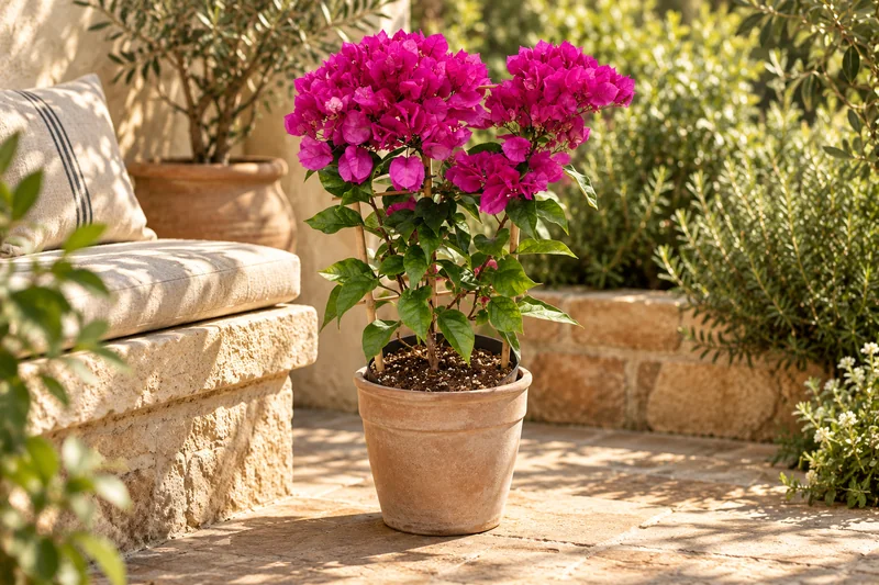KI-gestaltete Gartenszene mit Bougainvillea 'Dark Violett' in den Proportionen der jungen Sortimentspflanzen