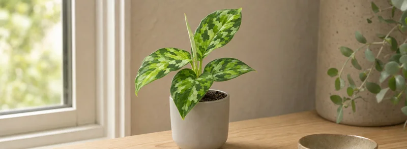 KI-gestaltete Szene: Aglaonema pictum 'Tricolor': die kleine Rarität mit Tarnmuster-Blättern – Titelbild