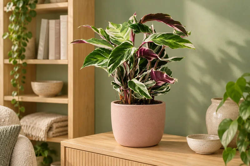 Weißgrün gemusterte Fusion White mit violetten Blattunterseiten im rosafarbenen Übertopf auf einem hellen Sideboard neben einem Bücherregal