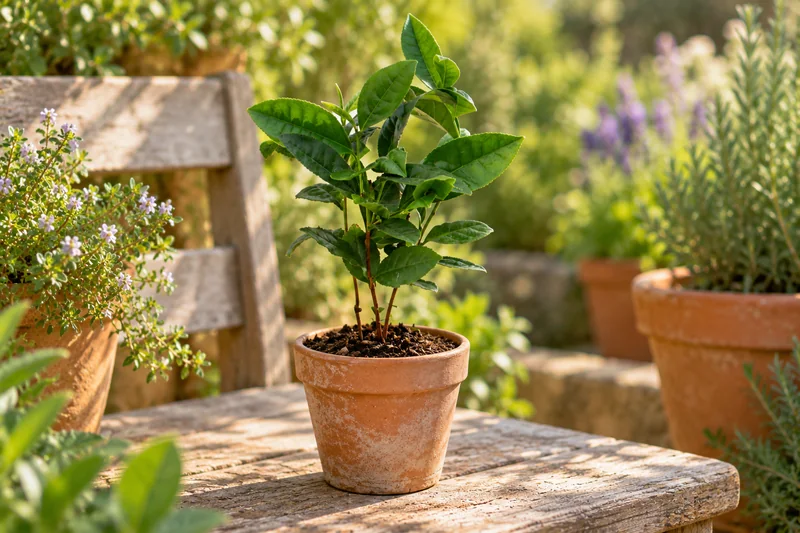 Junge echte Teepflanze im Terrakottatopf auf einer geschützten Gartenbank