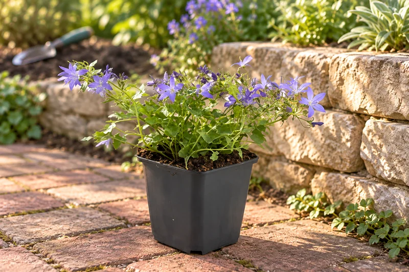 Glockenblume Stella als einzelne junge Topfpflanze am Gartenplatz; KI-Szene