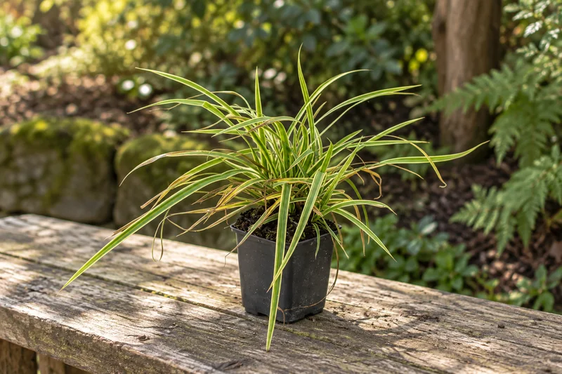 Goldrand-Segge Aureovariegata als einzelne junge Pflanze im kleinen schwarzen Kulturtopf an einem Gartenplatz; KI-Szene