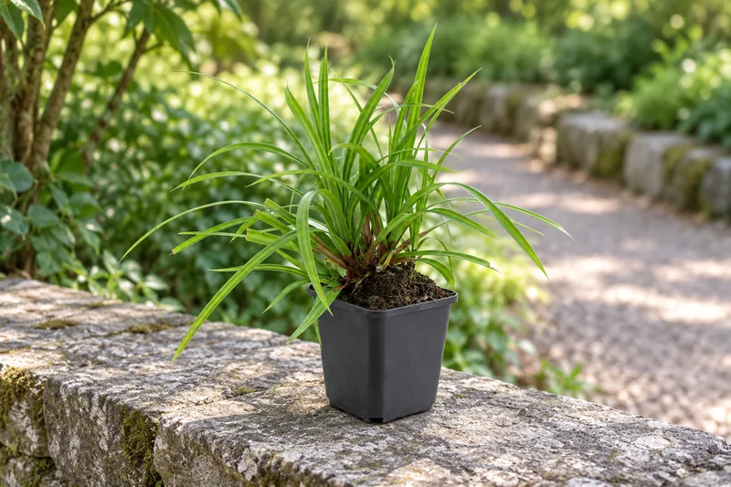 Japanische Segge Irish Green als einzelne junge Pflanze im kleinen schwarzen Kulturtopf an einem Gartenplatz; KI-Szene