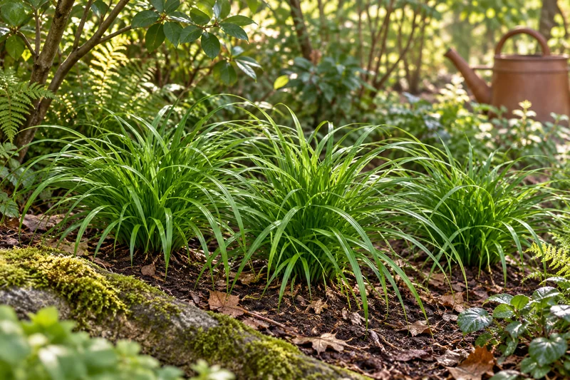 Drei grüne Horste Japanischer Segge im halbschattigen Gartenbeet, KI-gestaltete Szene