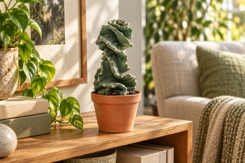 KI-gestaltete Wohnszene mit Cereus jamacaru 'Spiralis' auf Basis der jungen Sortimentspflanze
