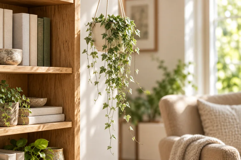 Junge hell gerandete Leuchterblume Merel in einer kleinen Ampel neben einem offenen Bücherregal in einer KI-Szene