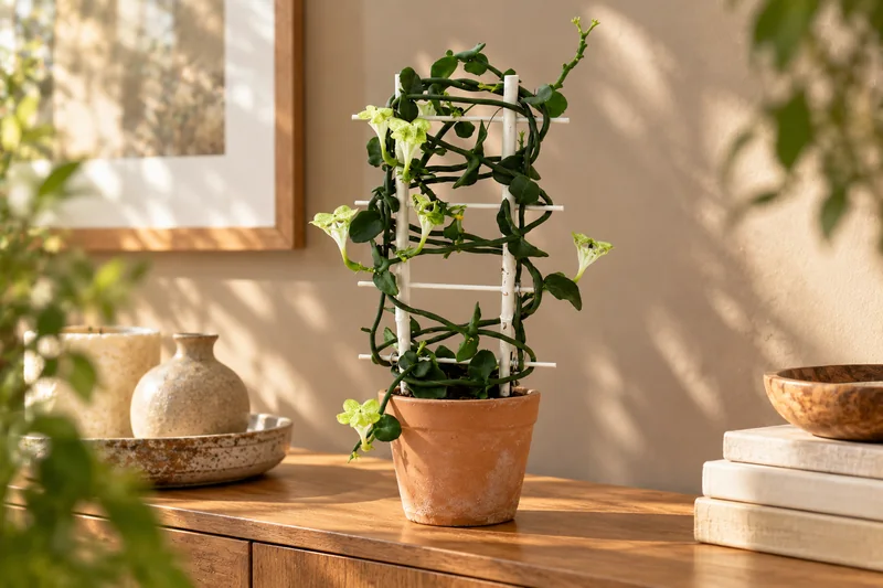 KI-gestaltete Szene mit Ceropegia sandersonii in den Proportionen der konkreten Sortimentspflanze