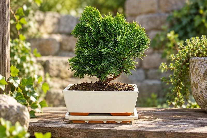 Kleine Scheinzypresse als Bonsai mit feinem grünem Schuppenlaub in flacher heller rechteckiger Schale auf einer Gartenablage, KI-Szene