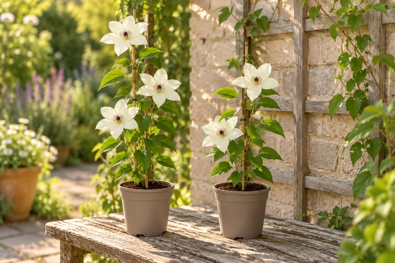Waldrebe Miss Bateman in einer passenden KI-gestalteten Gartenansicht. Beispiel zweier junger Pflanzen vor dem Einpflanzen; aktuelle Lieferblüte kann abweichen.