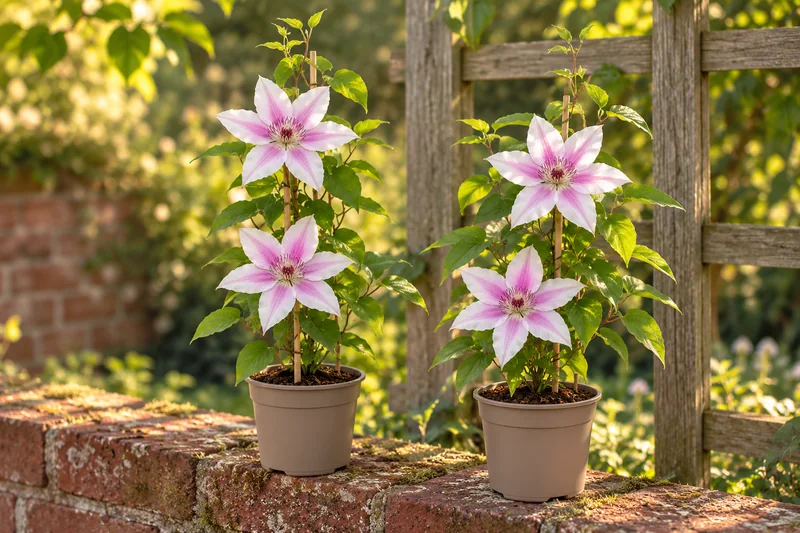 Clematis Nelly Moser als junge Kletterpflanzen im 2er-Set an einem Gartenplatz; KI-gestaltete Szene