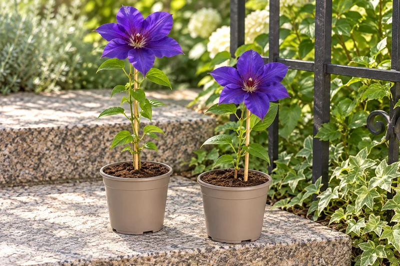 Clematis The President als junge Kletterpflanzen im 2er-Set an einem Gartenplatz; KI-gestaltete Szene