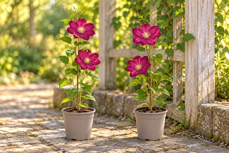 Clematis Ville de Lyon als junge Kletterpflanzen im 2er-Set an einem Gartenplatz; KI-gestaltete Szene