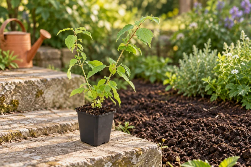 Junger grün belaubter Hartriegel im dunklen quadratischen Kulturtopf auf einer Gartensteinstufe neben dem vorbereiteten Beet; KI-gestaltete Szene
