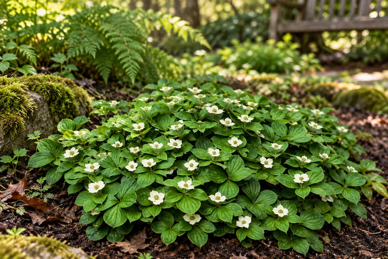 Niedriger Kanadischer Hartriegel mit weißen vierteiligen Hochblättern im halbschattigen Gartenbeet