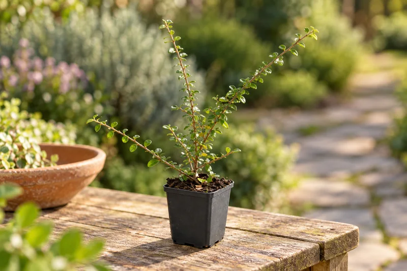 Junge Teppich-Zwergmispel Coral Beauty im schwarzen 9-cm-Anzuchttopf auf einer warmen Gartenbank
